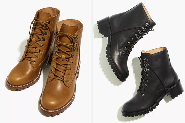 Two images of brown and black boots