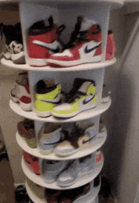 gif of another reviewer's rotating shoe rack with multiple pairs of sneakers