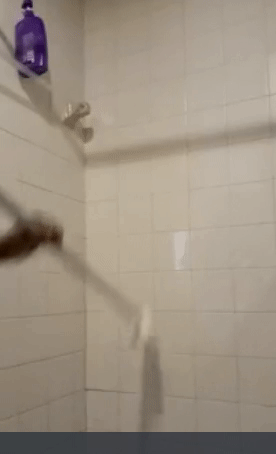 Reviewer holding the pole up to scrub a tiled wall 