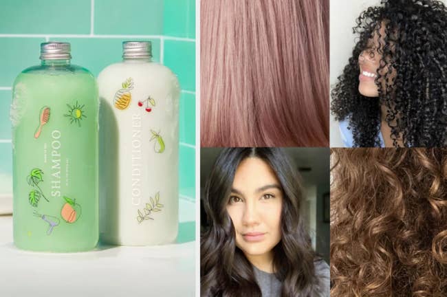 Green bottle of shampoo and white bottle of conditioner on top of bathtub, models with straight, curly, coily, and wavy hair