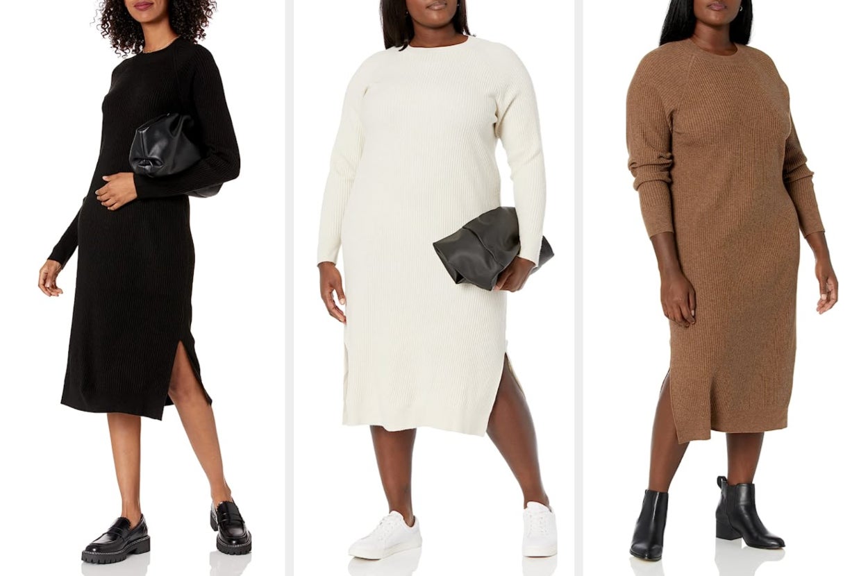 three different models showing the dress in black, whisper white, and mocha