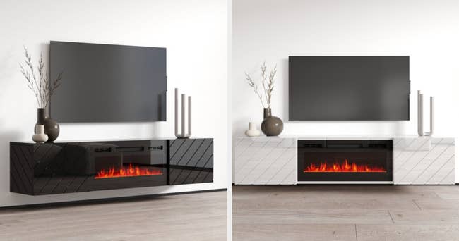 Two images of black fireplace TV stand and white TV stand