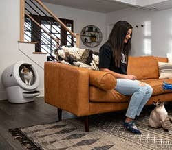 model on a couch with the Litter-Robot behind her and a cat inside