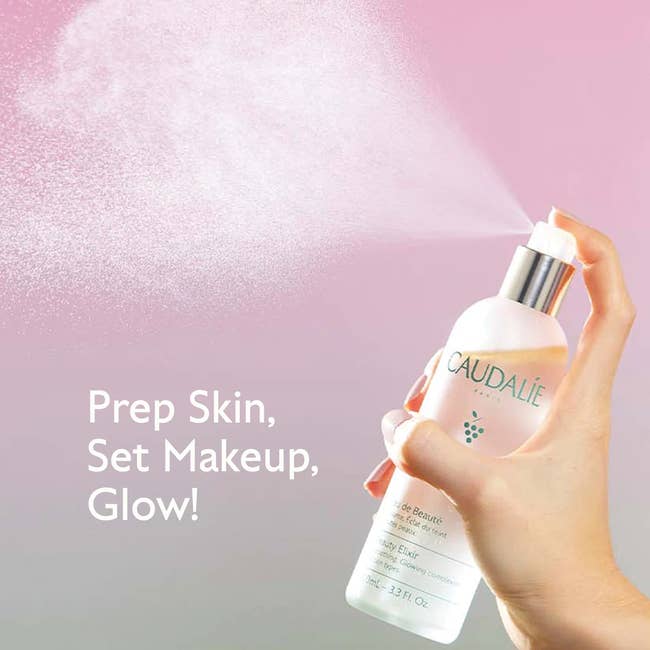 a hand spraying a bottle of the beauty elixir with text that reads 