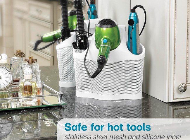 Bathroom counter with organized hair tools