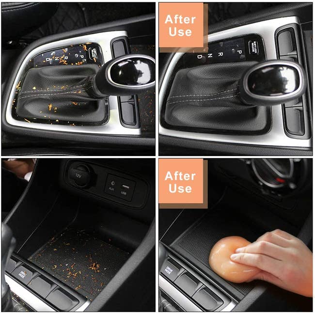 A sticky orange cleaning gel absorbing debris from a car's center console