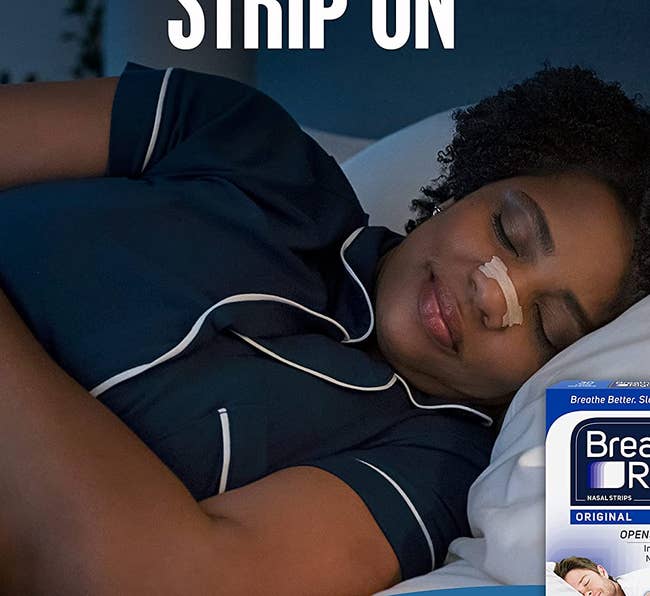 model sleeping while wearing the nasal strips, with an image insert of the box of nasal strips