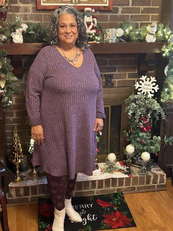 Person successful cozy sweater formal and patterned leggings