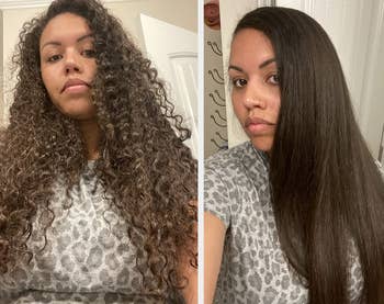 Woman with curly hair before and straight hair after 