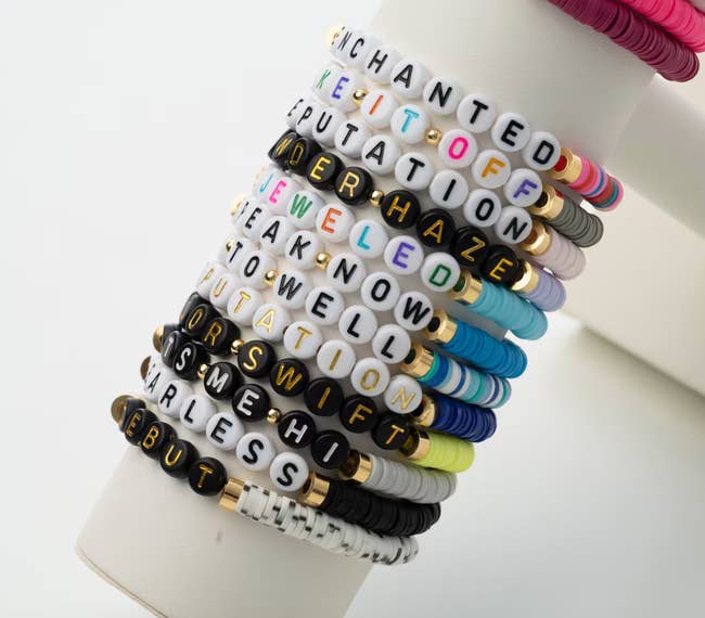 stack of friendship bracelets on display