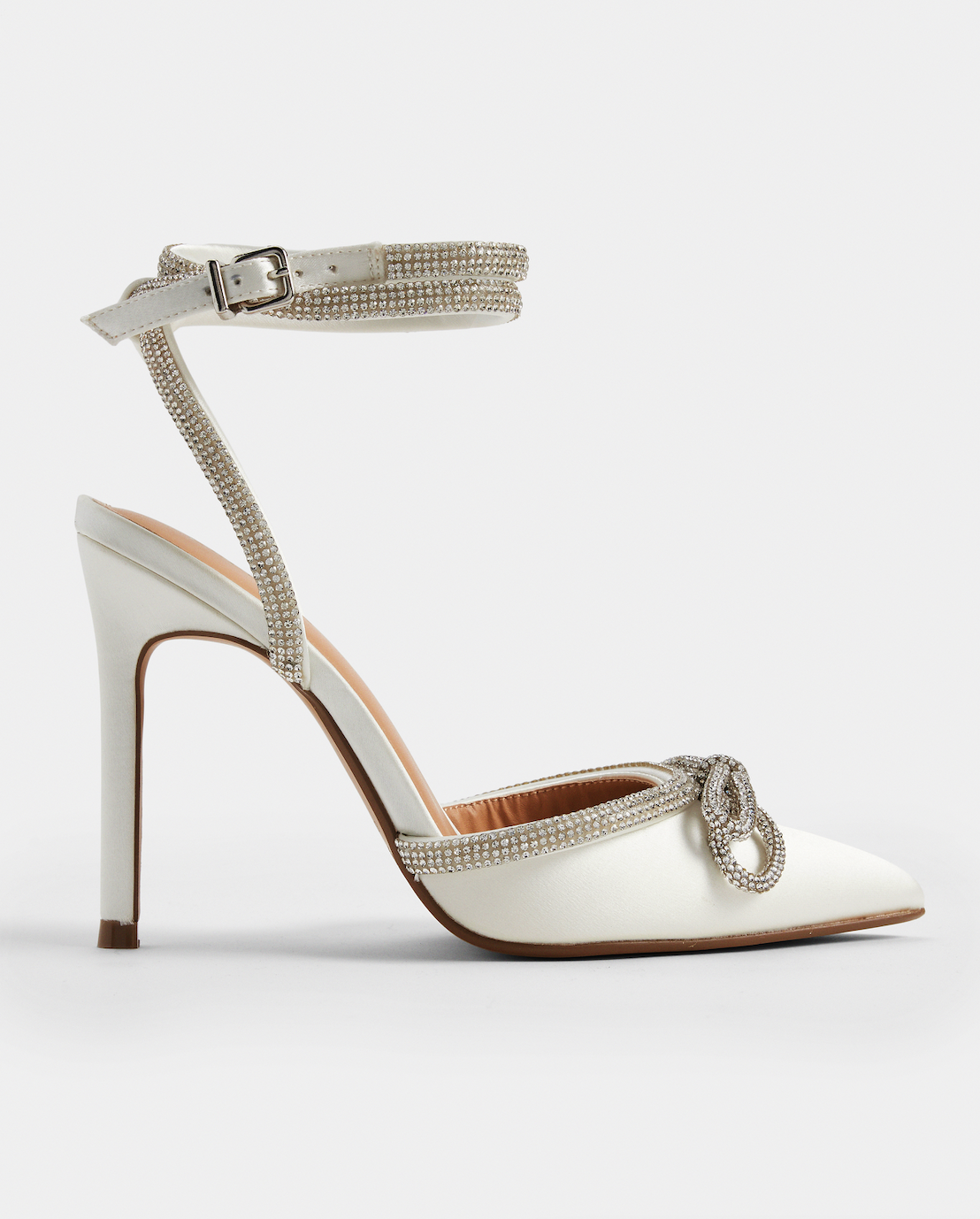 White close-toed heels with diamond strap and embellishments