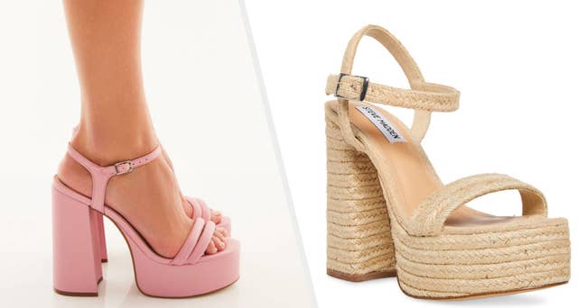 Two images of pink heels and beige heels