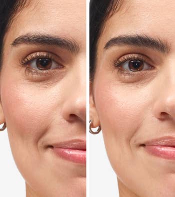 a model before and after applying the black tinted brow gel
