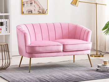 pink tufted loveseat with gold legs