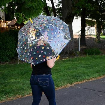 Person holding a transparent umbrella with floral design