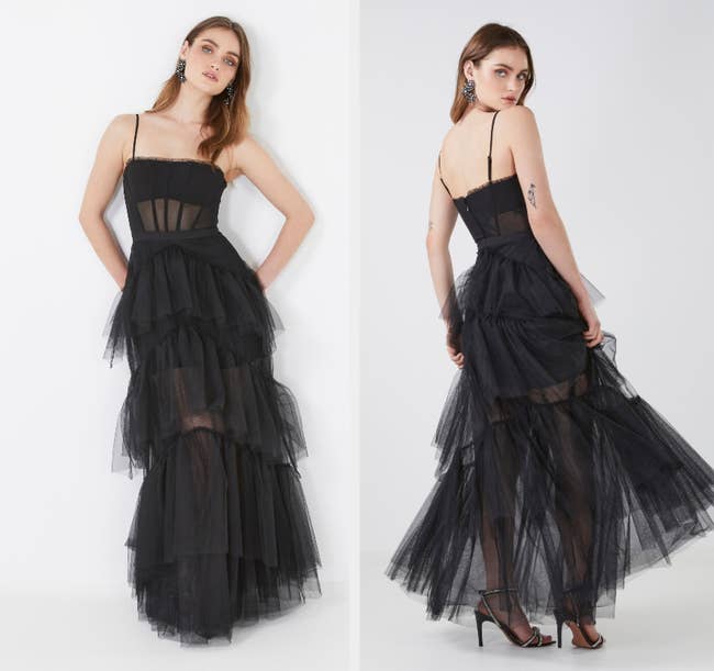 Two images of model wearing black tiered ruffle dress