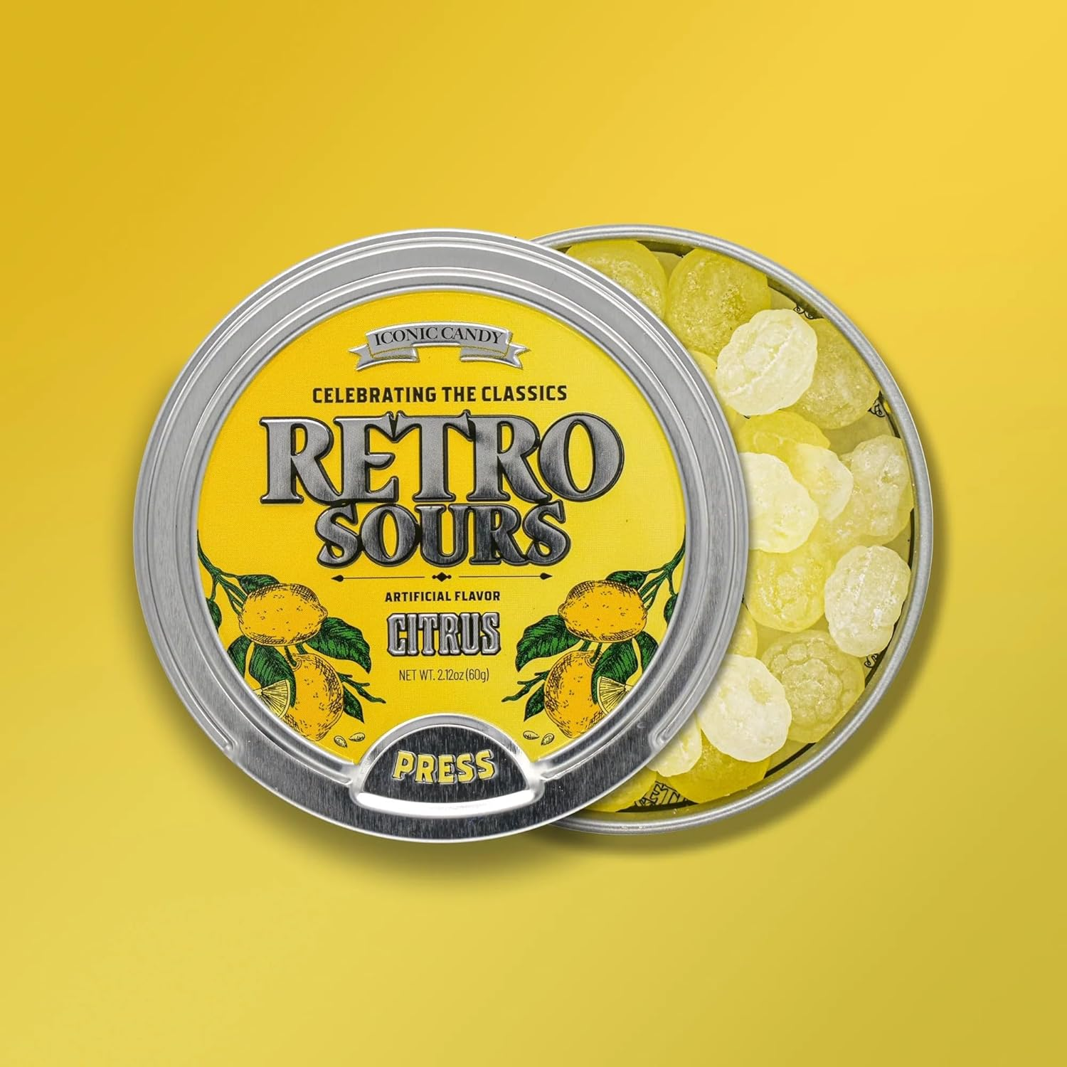 Tin of retro sour citrus candies, labeled 