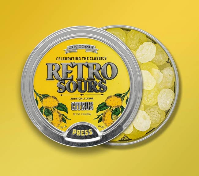 Tin of retro sour citrus candies, labeled