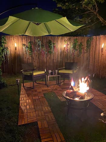 Cozy outdoor with woody tiles connected writer to make a pathway