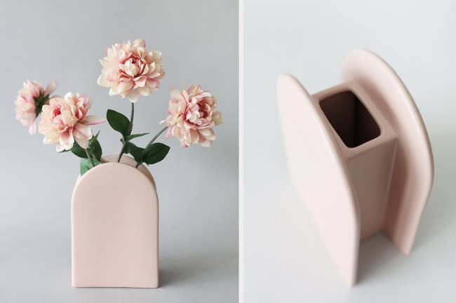 Pink arch flower vase with pink peonies inside on a gray background, interior view of product