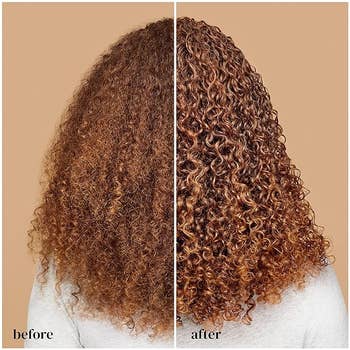 Side-by-side comparison of a model's curly hair, before and after using a haircare product