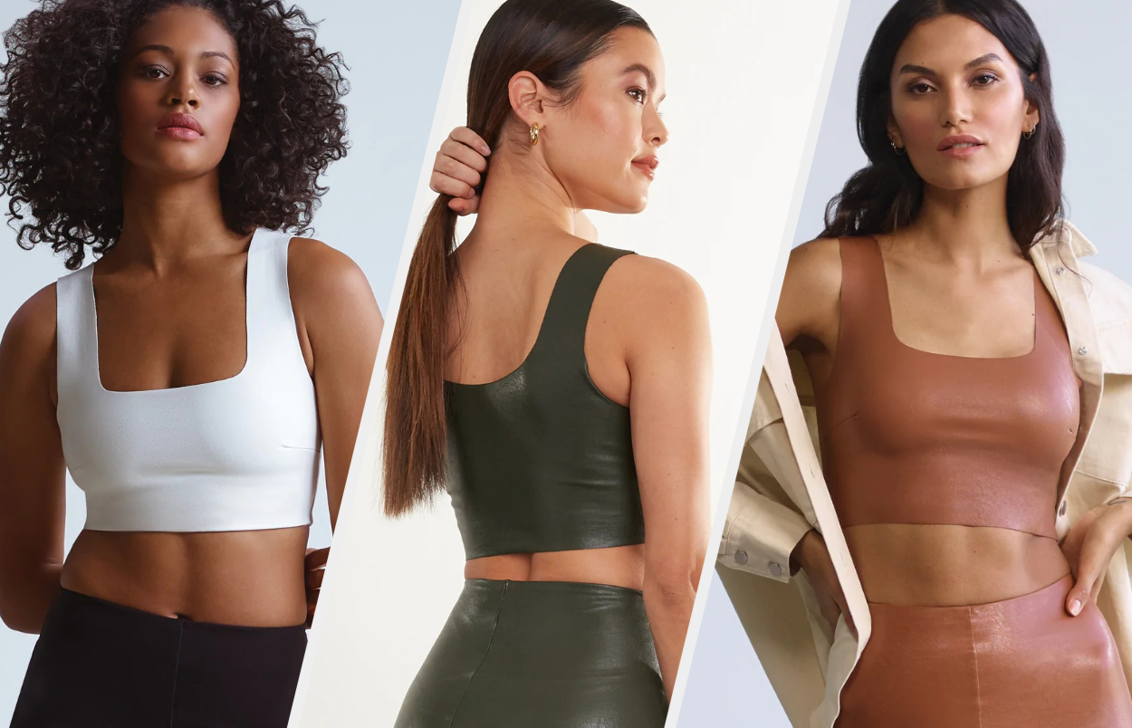 Three images of models wearing white, green, and pink tops
