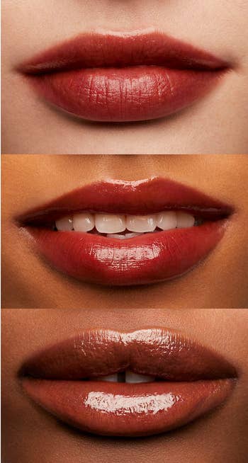 three different lips wearing the glossy lip stain