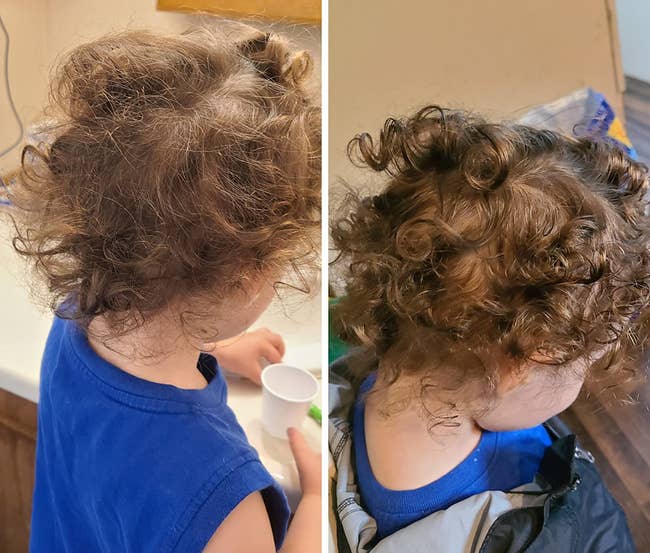 on the left, a reviewer's child with frizzy hair and, on the right, the same child's hair with the curls less frizzy and more defined 