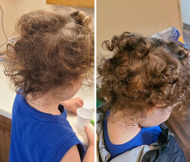 on the left, a reviewer's child with frizzy hair and, on the right, the same child's hair with the curls less frizzy and more defined 