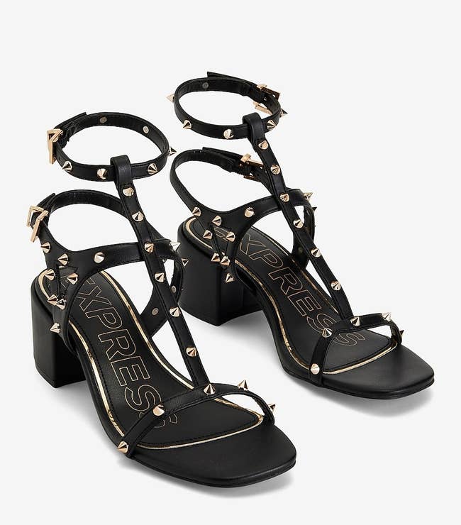 gold studded black heeled gladiator sandals 