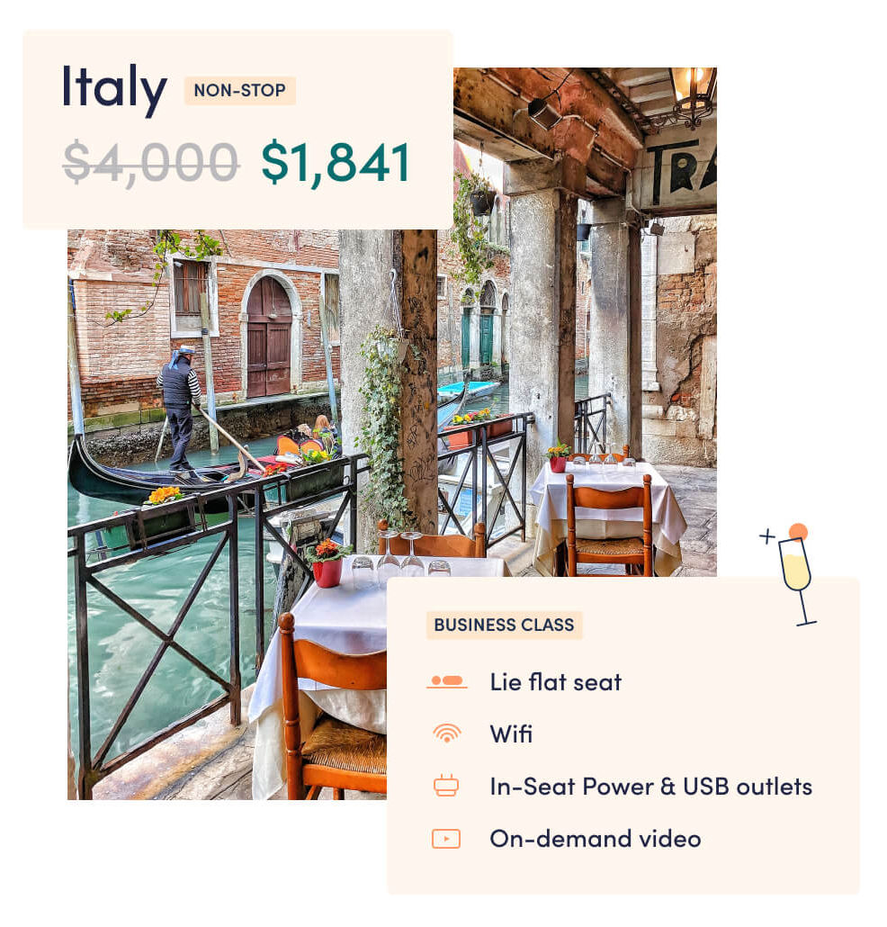 view of Venice Italy with a business class price of $1,841 discounted from $4000