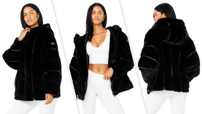 Three images of a model wearing the black jacket
