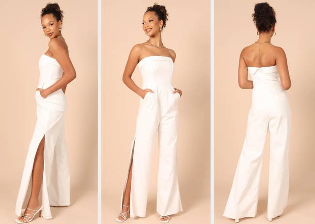 Three images of a model wearing the white jumpsuit