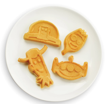 woody, buzz, forky, and alien mini waffles on a plate
