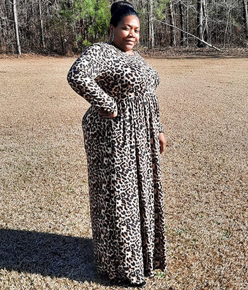 side view of another reviewer wearing the leopard print dress