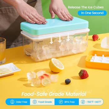 Hands press on a silicone ice cube tray above a kitchen counter, releasing ice cubes into a container. Text highlights product features