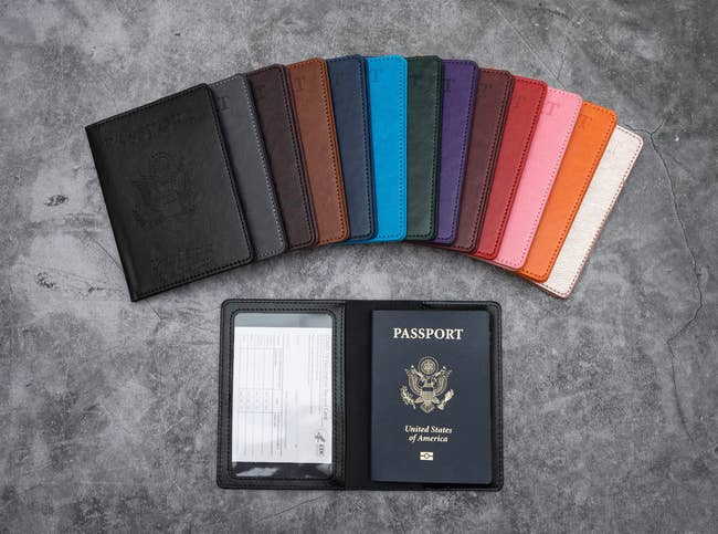 colorful travel card holder with vaccine card and passport inside