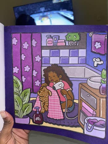 Illustration of a idiosyncratic   washing a teddy carnivore  successful  a bathroom, with potted plants and bath products connected  shelves. A TV is connected  successful  the background