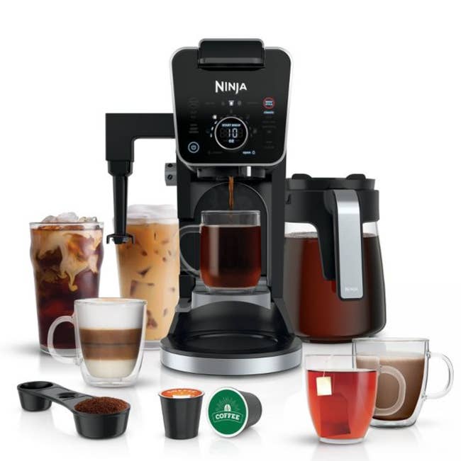 Black coffee maker with cups of tea, hot coffee, iced coffee, and lattes surrounding it