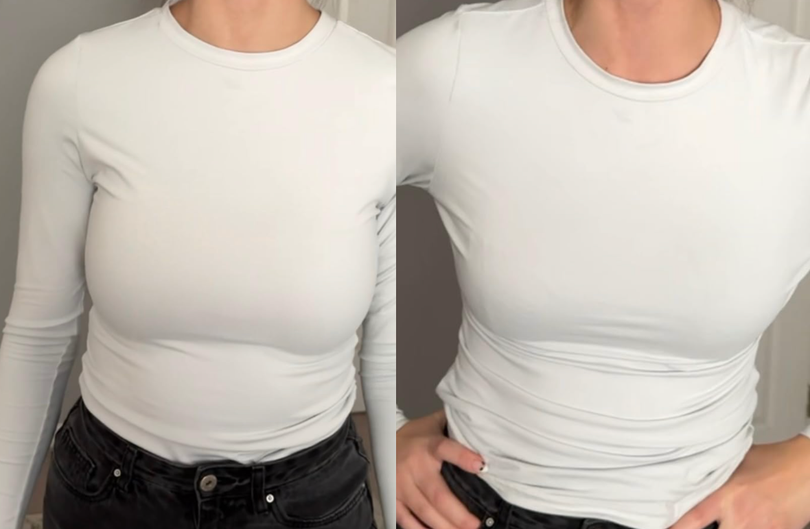 Person wearing a fitted, long-sleeve shirt and black pants, demonstrating a before-and-after look for a seamless undergarment effect