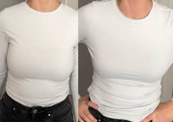 Person wearing a fitted, long-sleeve shirt and black pants, demonstrating a before-and-after look for a seamless undergarment effect