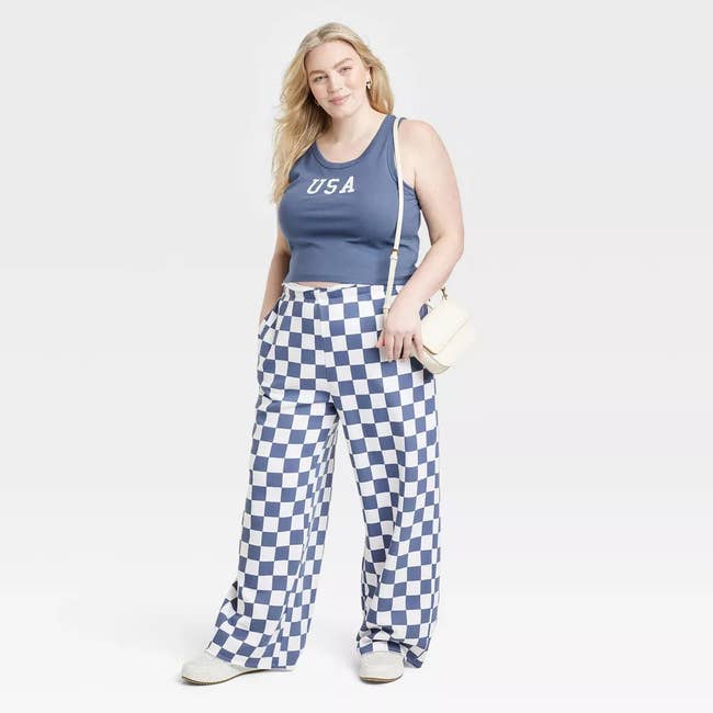 blue and white checkered lounge pants
