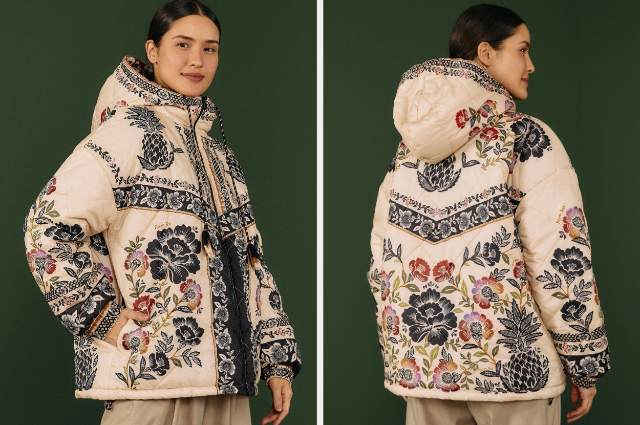 Two images of a model wearing the floral jacket