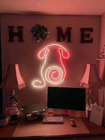 reviewer's desk setup with the neon rope light twisted into the shape of a dog