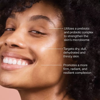 A model smiling with text showing the benefits of this moisturizer