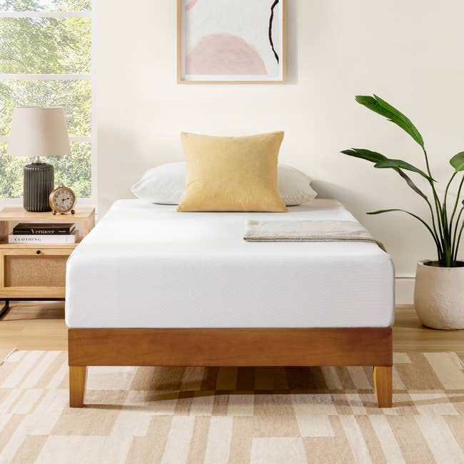Minimalist chamber with bed, beige pillow, and nightstand. Features a lamp, plant, and window, creating a simple, peaceful space