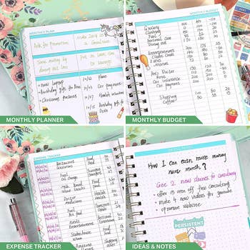 examples of monthly planner, monthly budget, expense tracker, and ideas and notes pages