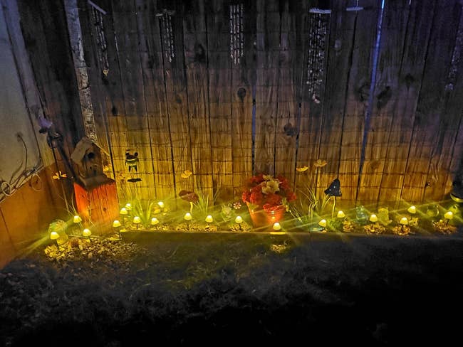 Garden country   with illuminated tiny  lights outlining a flowerbed and a potted works  successful  the center, creating a cozy atmosphere