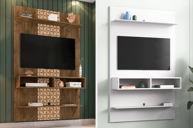Two images of the TV stand in brown and the white TV stand