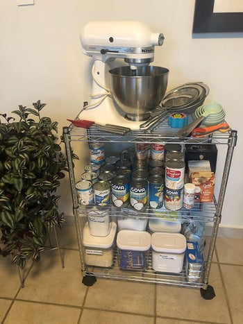 reviewer's cart in the kitchen holding canned food and other supplies